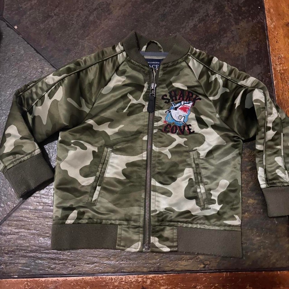 The Childrens Place Boys Camo Shark Cove Bomber Jacket Green Khaki 2T